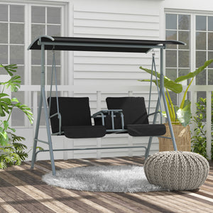 2-Seater Outdoor Porch Swing with Adjustable Canopy and Table, Patio Swing Chair for Garden, Poolside, Backyard, Black