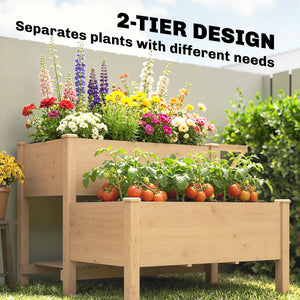 Wooden Raised Garden Bed, 2-Tier Raised Planter with Storage Shelf, Side Board, Drainage Holes and Liner