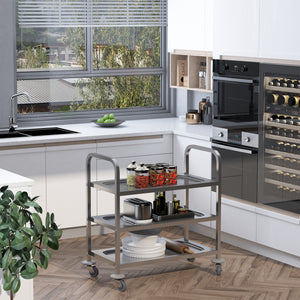 35.6" 3-Tier Kitchen Trolley Medical Treatment Laboratory Equipment Carts, Stainless Steel Rolling Kitchen Island, Wheeled Storage Utility Serving Cart, 330LBS Heavy Gauge