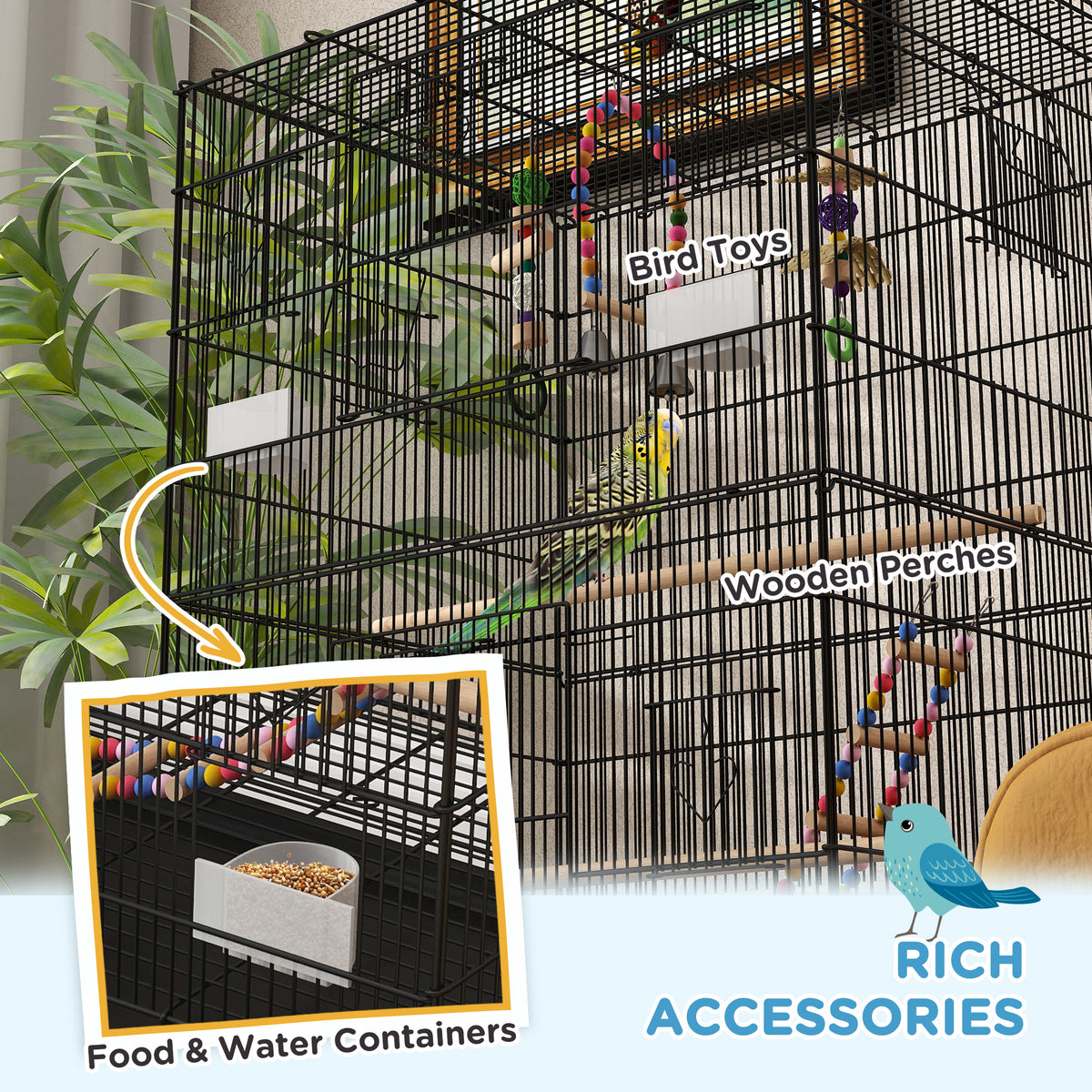 52" Bird Cage with Rolling Stand, Toys, for Budgies Canaries Black – view 18
