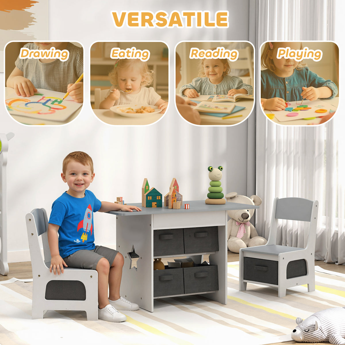 Qaba 3 Piece Kids Table and Chair Set with 6 Removable Drawers, for Classroom, Living Room, Bedroom, Nursery