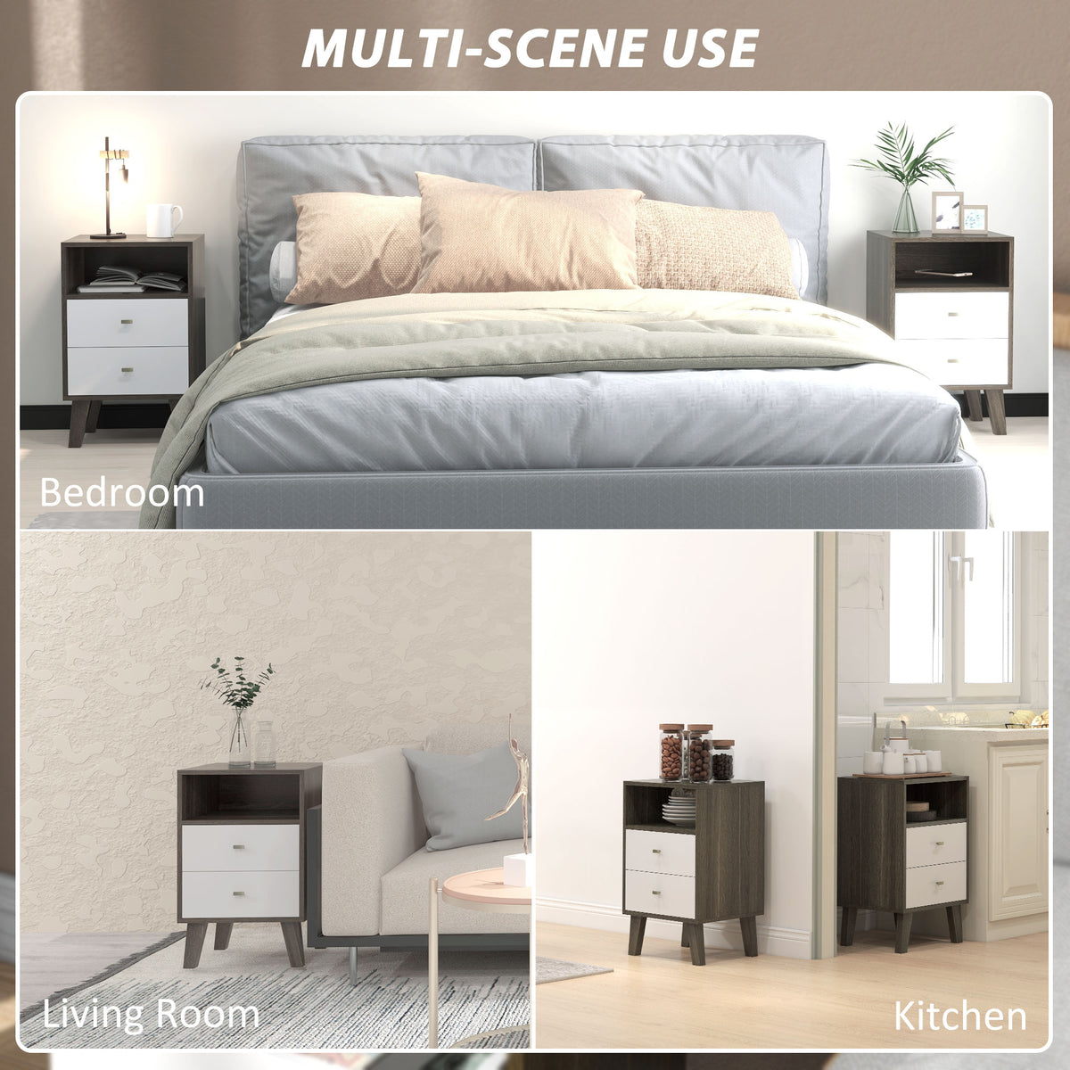 Nightstand Set of 2, Modern Bedside Table, Night Stand for Living Room with 2 Drawers and Open Storage, Grey
