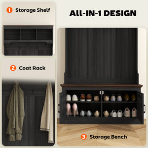 3-in-1 Hall Tree with Bench, Coat Rack with Shoe Storage, Distressed Black – view 3
