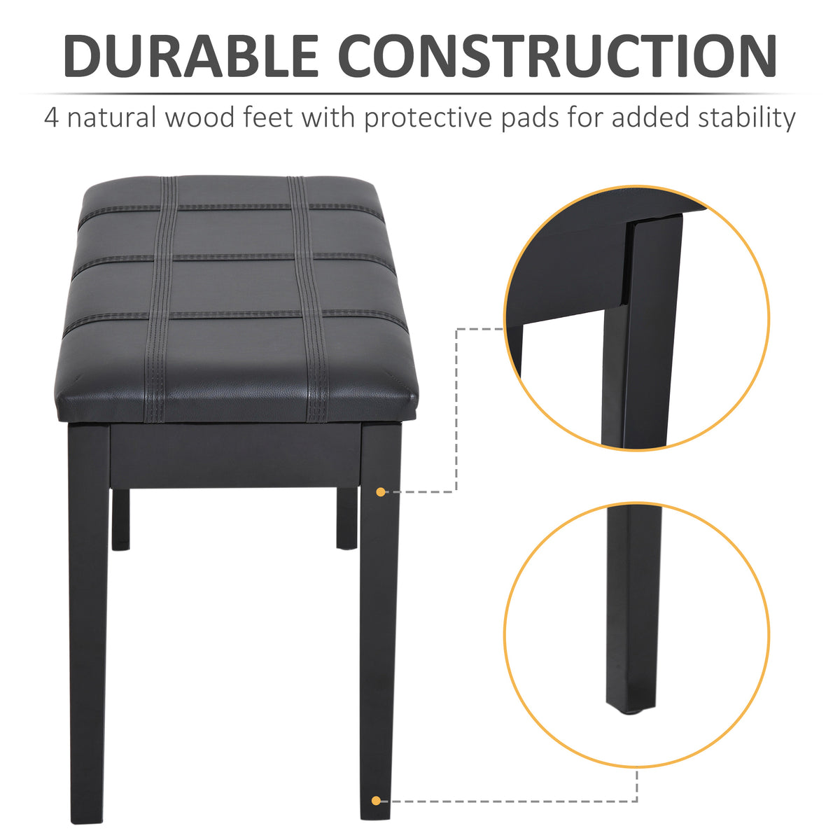 Classic Piano Bench Stool, PU Leather Padded Keyboard Seat with Rubber Wood Legs and Music Storage Compartment, Banded Seat, Black