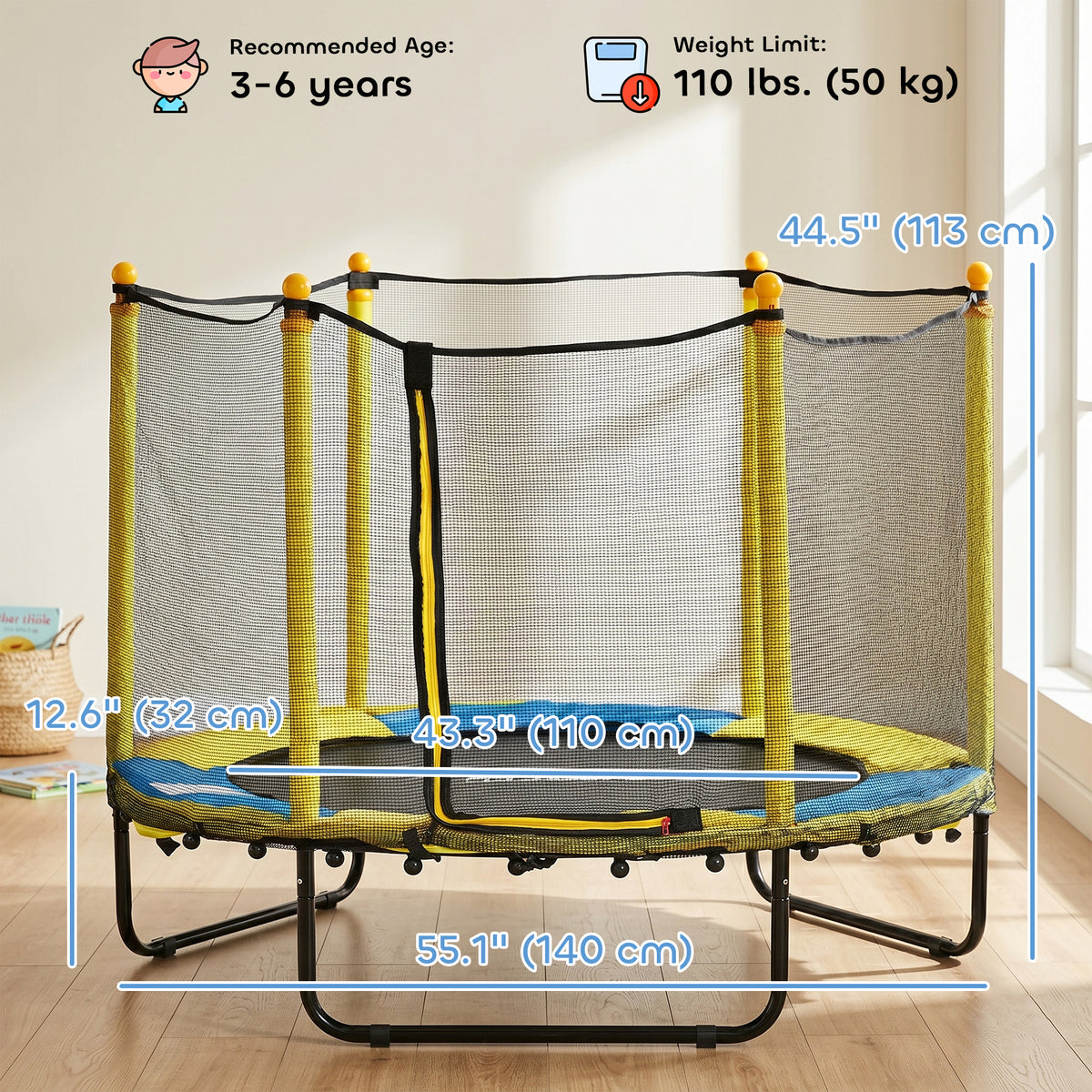 Qaba 4.6FT Trampoline for Kids with Enclosure Net for Ages 3-6, Indoor Outdoor Use