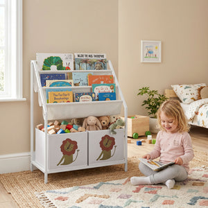 Qaba Kids Bookshelf, 3-Tier Sling Bookshelf with Toy Storage, Montessori Toy Organizer with Non-Woven Drawers for Kids Room