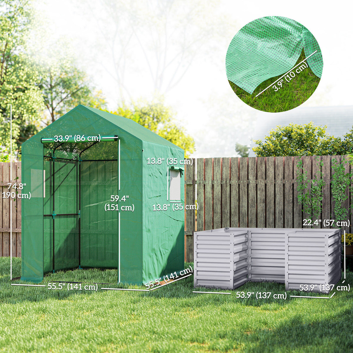 Greenhouse with Raised Garden Bed, Galvanized Metal Planter Box with PE Cover, Roll Up Door – view 2