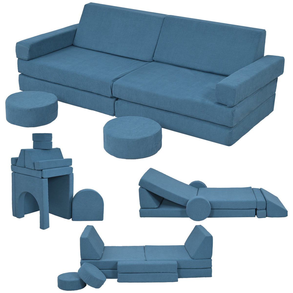 Qaba 12-Piece Modular Kids Play Couch Building Fort for Playroom Bedroom, Convertible Kids Sofa