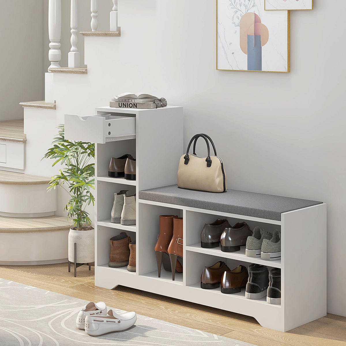 Upholstered Shoe Storage Bench w/ Seat, Entrance Bench w/ Drawer and 6 Open Shelves for Hallway, Grey – view 21