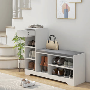 Upholstered Shoe Storage Bench w/ Seat, Entrance Bench w/ Drawer and 6 Open Shelves for Hallway, Grey – view 21