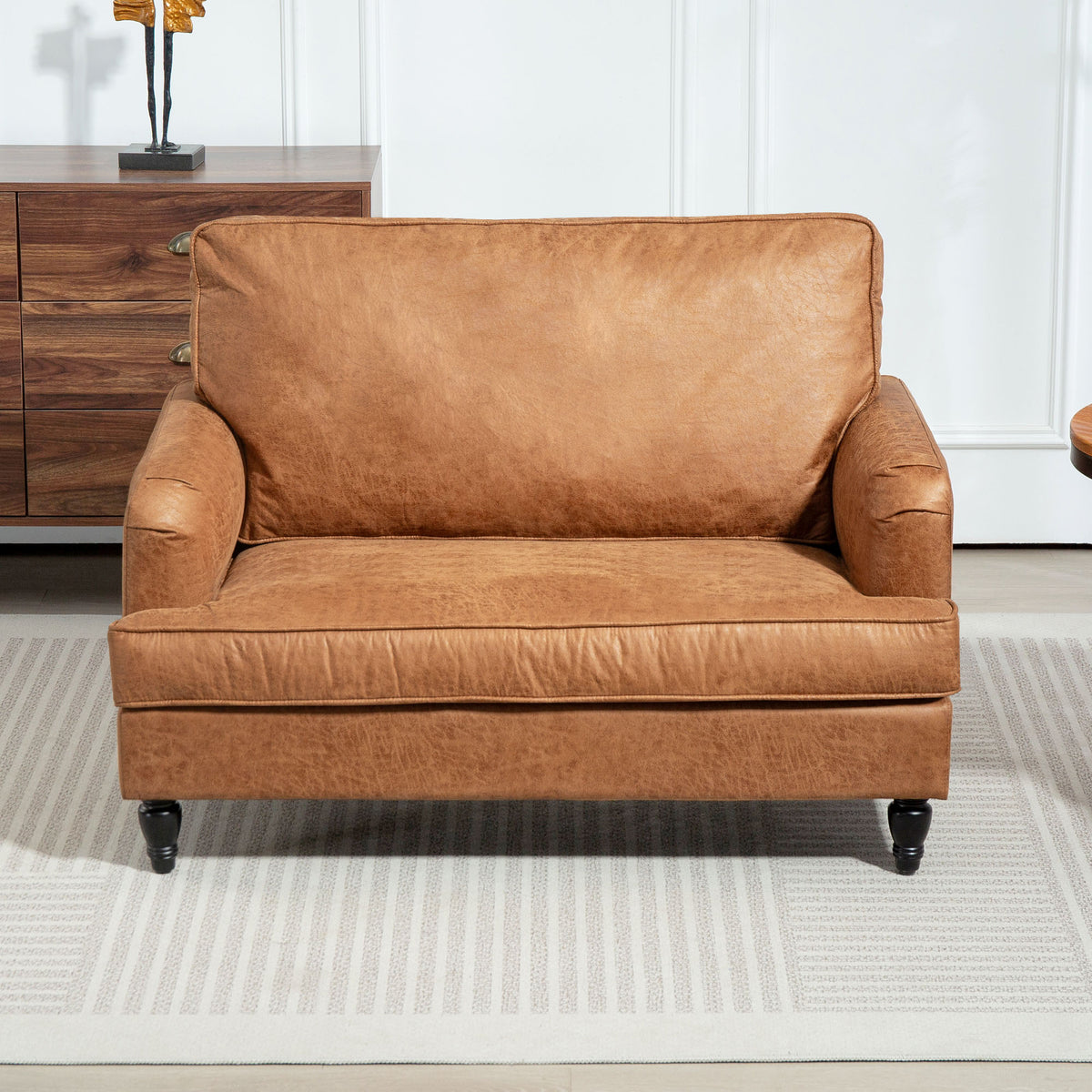 Modern Accent Chair, Leathaire Armchair with Turned Legs and Wide Seat, Comfy Chair for Living Room, Brown – view 6