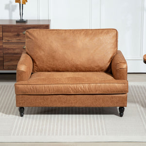 Modern Accent Chair, Leathaire Armchair with Turned Legs and Wide Seat, Comfy Chair for Living Room, Brown – view 6