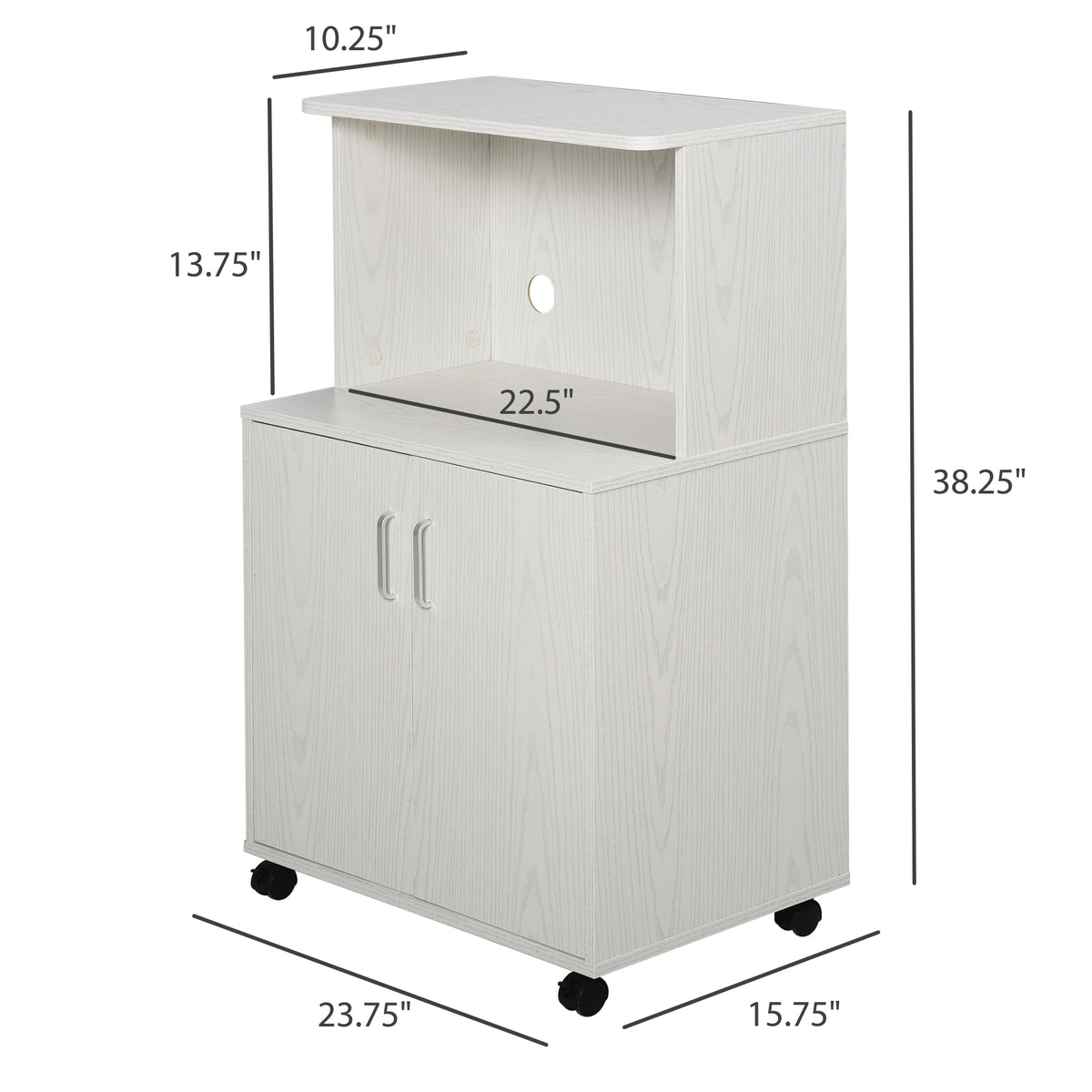Microwave Cart on Wheels Utility Trolley Storage Sideboard Bookcase with 2-door Cabinet, Grey Wood Grain