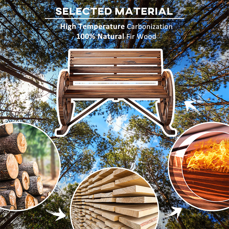Rocking Outdoor Bench, Wood Outdoor Loveseat with Wagon Wheel Armrests, Carbonized