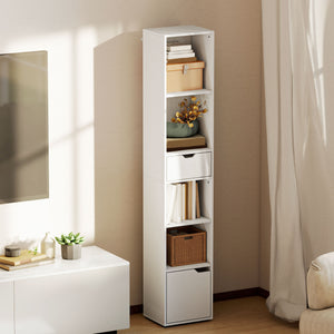 6-Tier Bookcase, Tall Narrow Bookshelf with Drawer and Door, White
