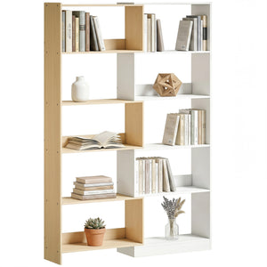 Corner Bookshelf, 5-Tier L-Shaped Bookcase with 350° Rotating Design, Two-Tone Design, Fruitwood/White
