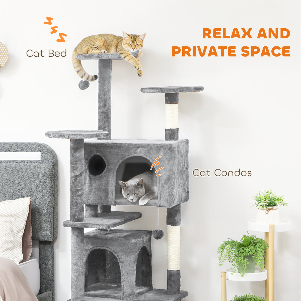 54" Cat Tree, Multi-Level Cat Tower with Scratching Posts, Cat Condos, Bed, Platforms, Ramp, Toy Ball, Beige – view 81