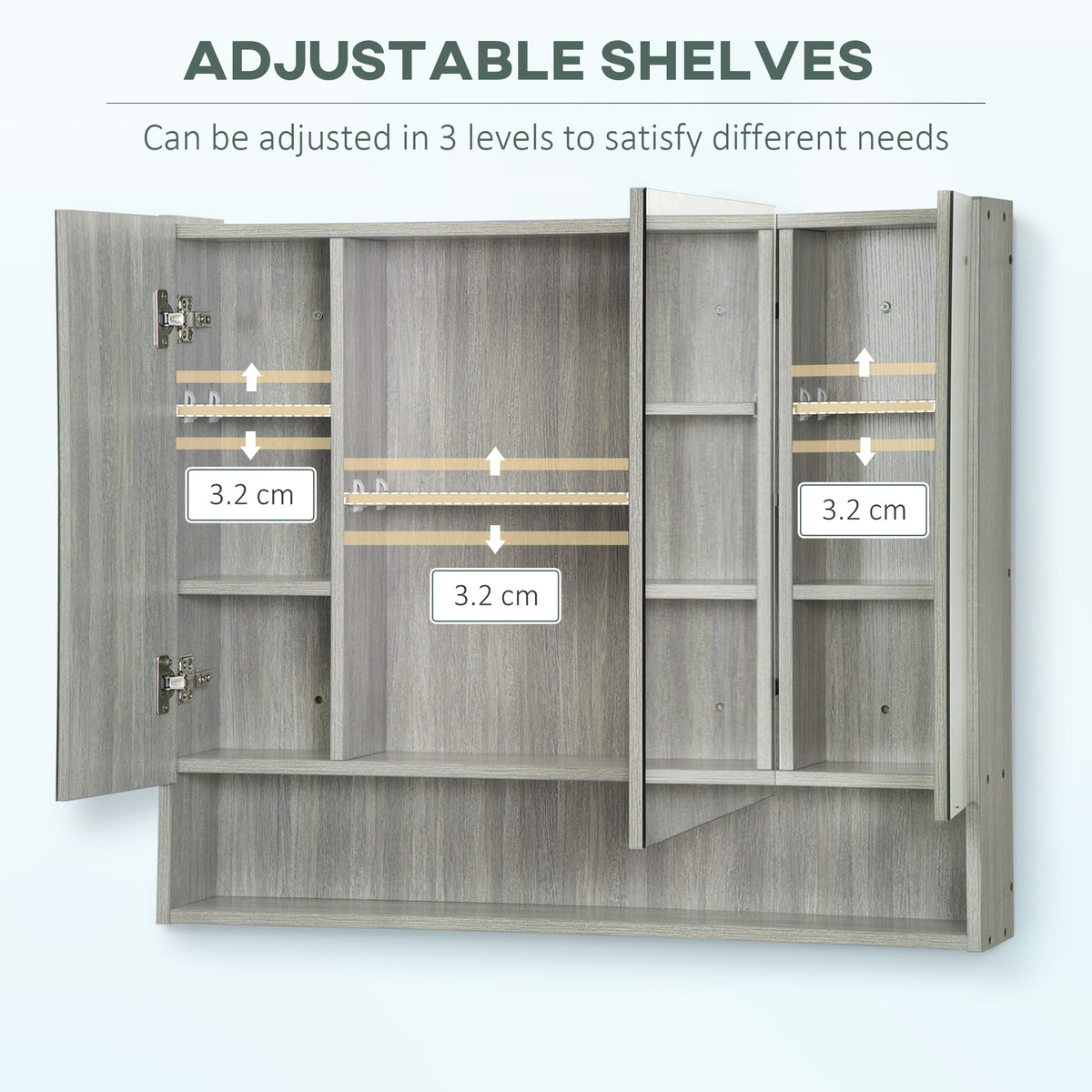 Wall Mounted Bathroom Medicine Cabinet with Mirror and Adjustable Shelves, Grey – view 5