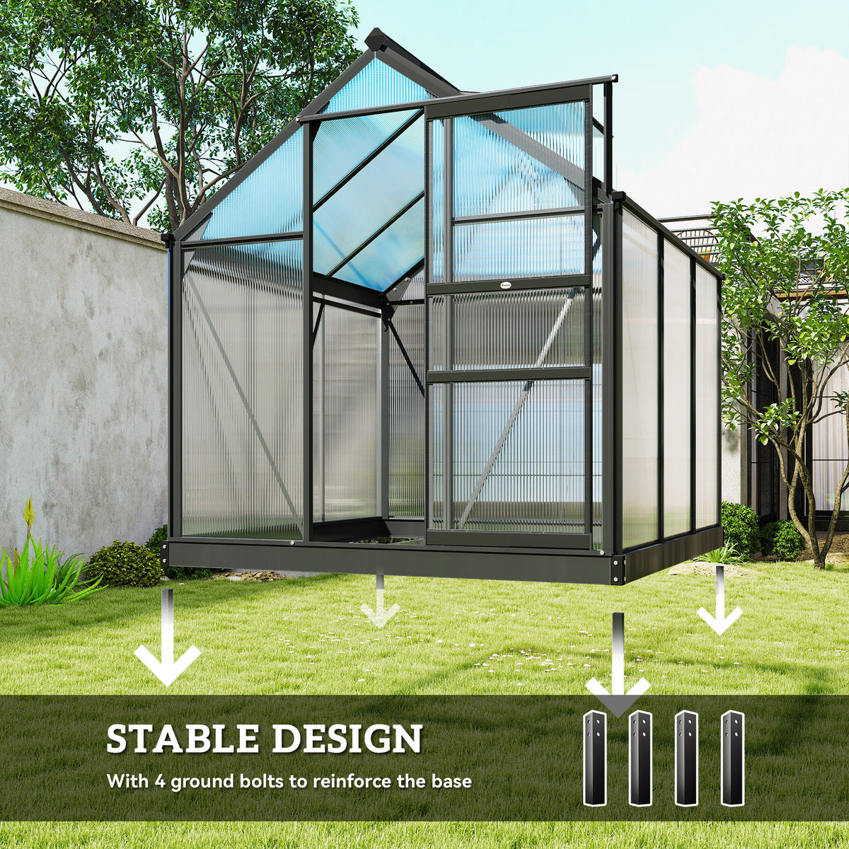 Greenhouse Garden, Green House, Outdoor Greenhouse Kit, PC Board with Sliding Door, 6.2' x 6.3' x 6.6', Grey