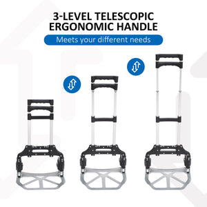 Folding Hand Truck and Dolly with 2 Wheels for Moving, Heavy Duty Luggage Handcart, Aluminum Box Cart with 3 Level Adjustable Telescoping Handle for 154lbs Load Capacity