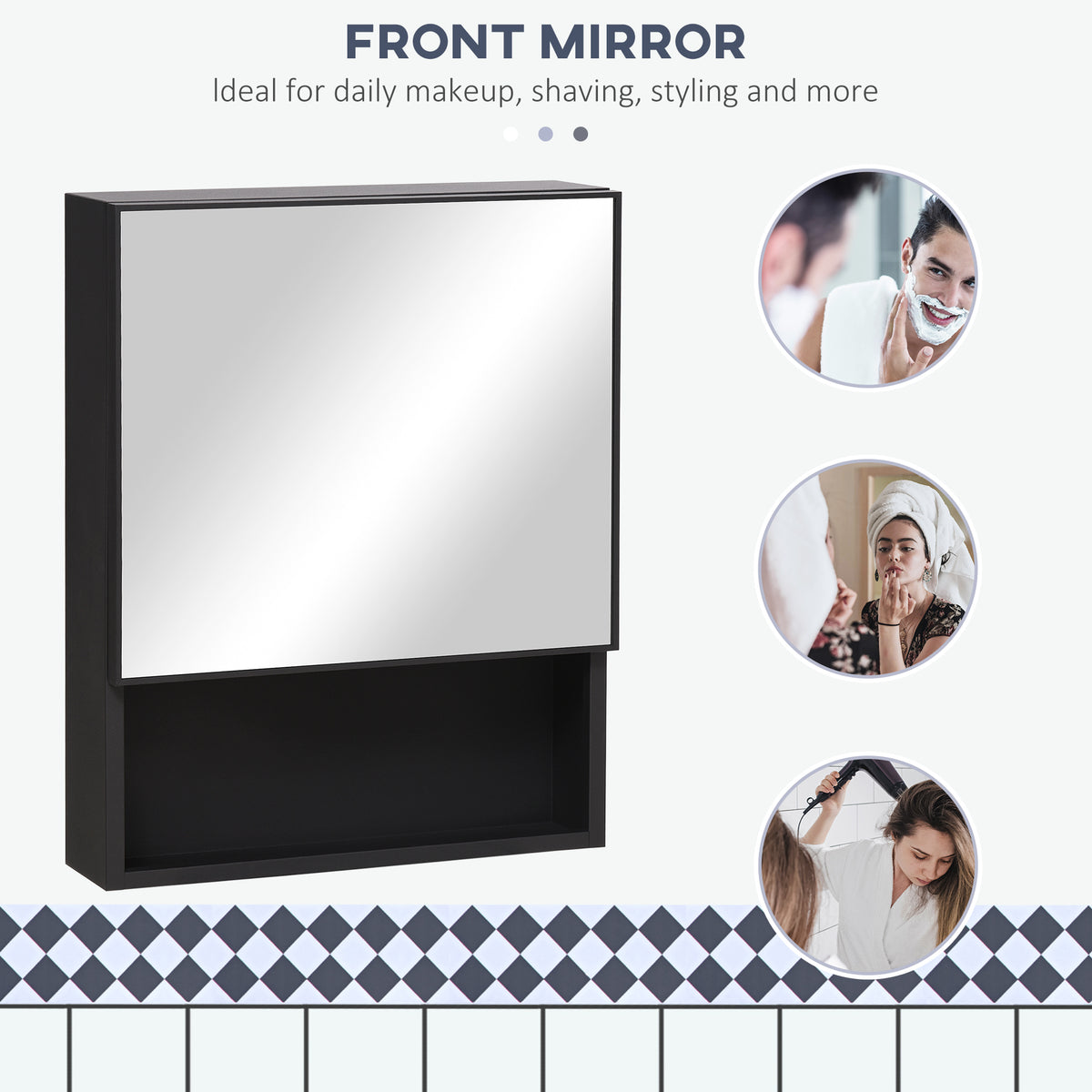 Bathroom Medicine Cabinet, Wall-Mounted Mirror Cabinet with Single Door, Storage Shelves and Stainless Steel Frame for Laundry Room, Black