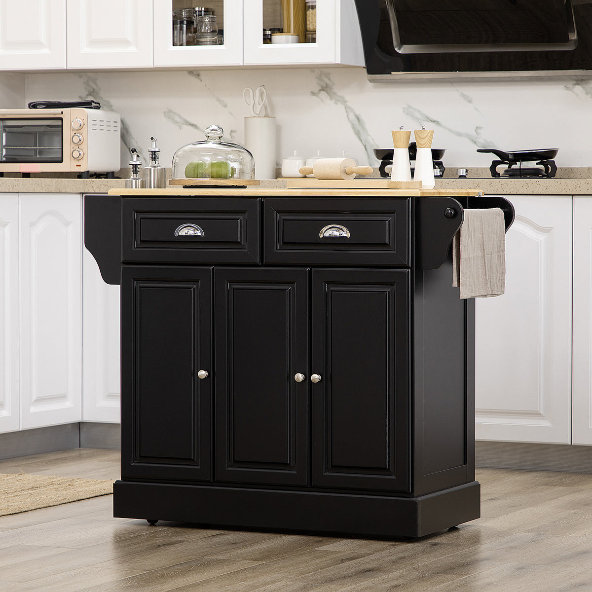 Kitchen Island with Storage Rolling Kitchen Serving Cart with Rubber Wood Top Towel Rack Storage Drawer – view 7