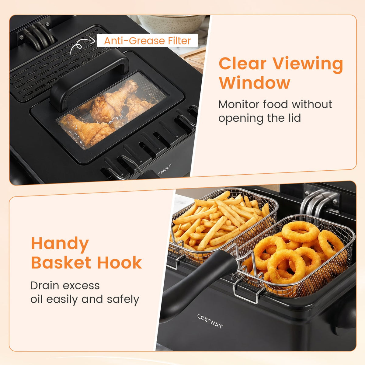 5.3-Qt Electric Deep Fryer with 3 Baskets 1700W LED Touch Screen and 6 Presets-Black view 8
