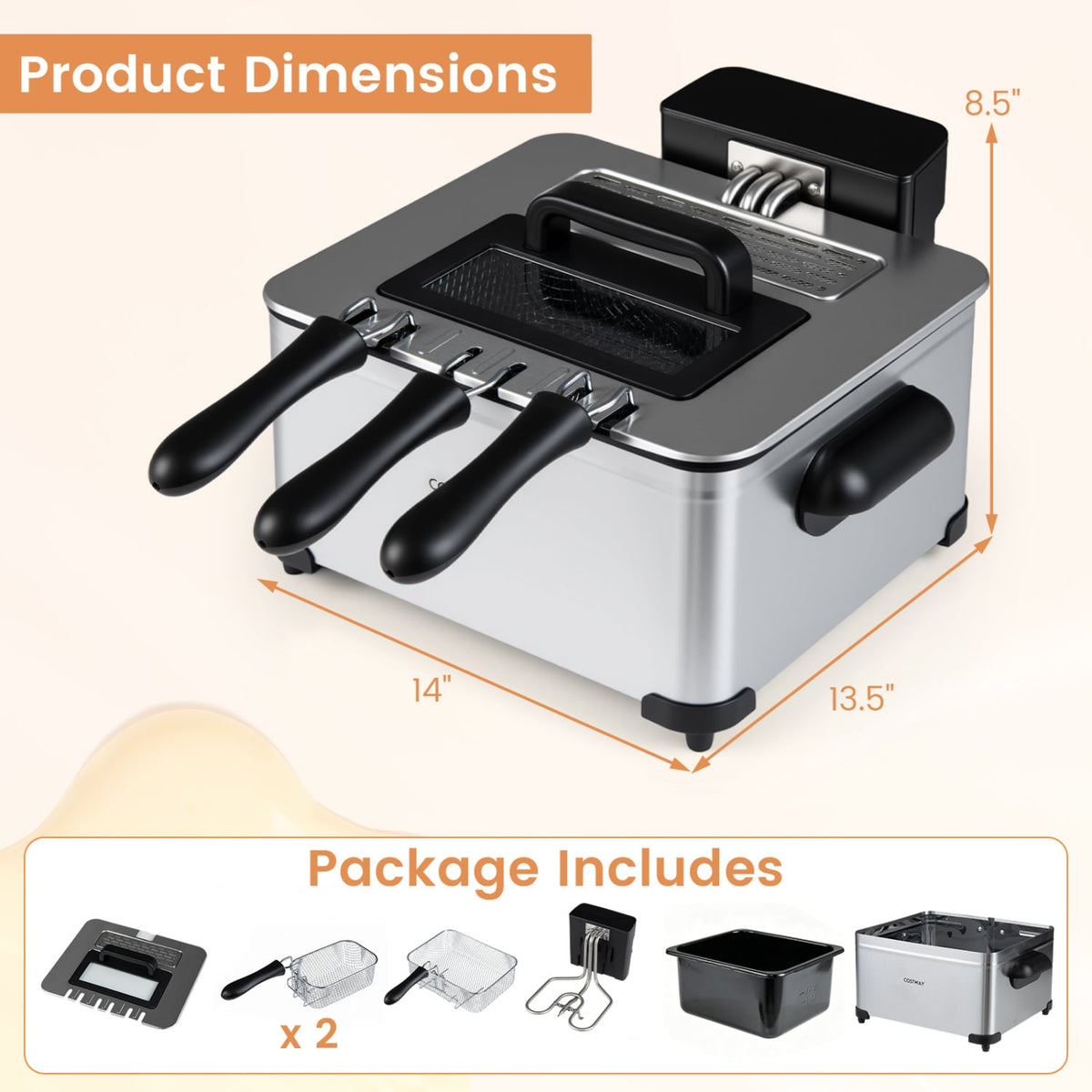 5.3-Qt Electric Deep Fryer with 3 Baskets 1700W LED Touch Screen and 6 Presets-Silver view 3