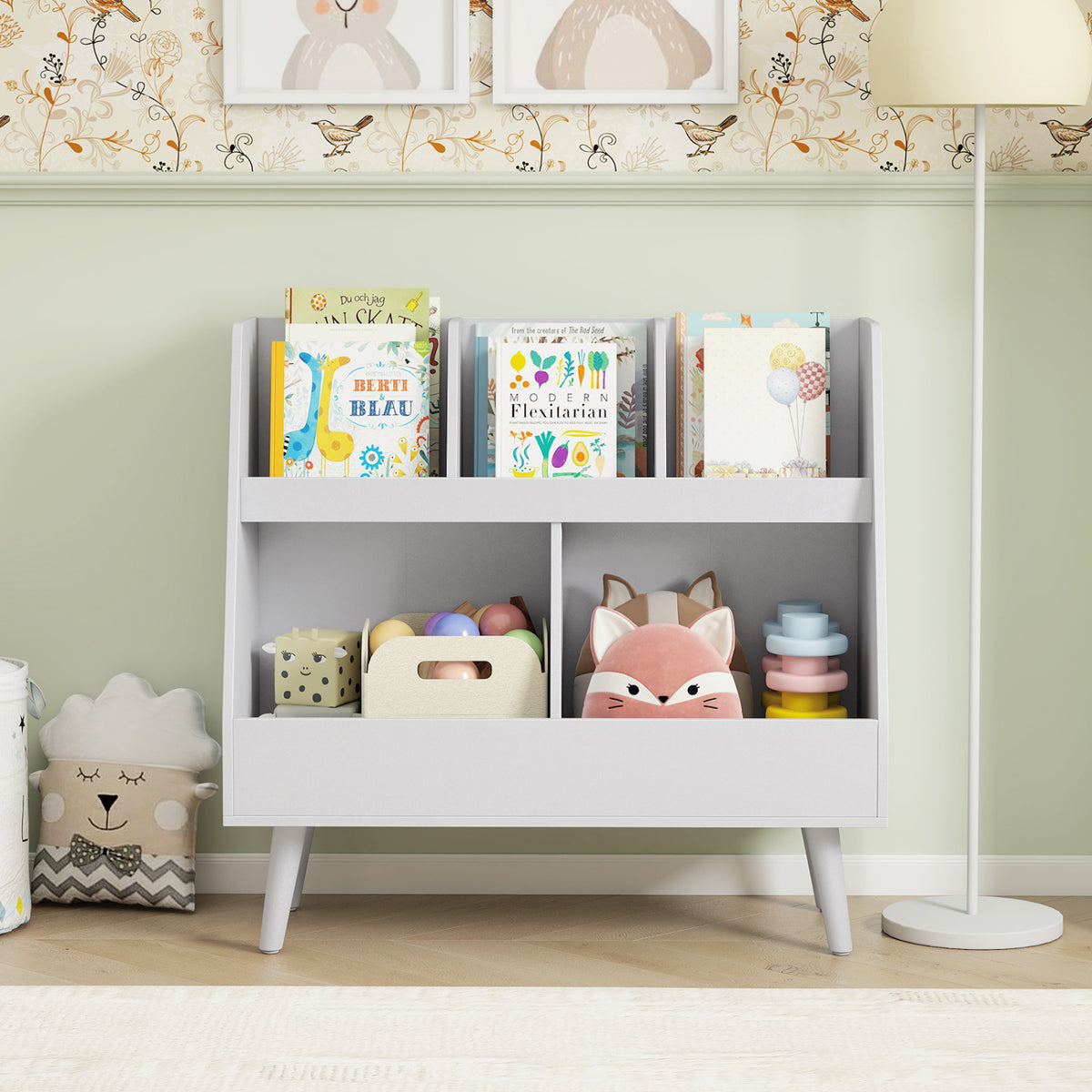 5-Cube Kids Bookshelf and Toy Organizer with Anti-Tipping Kits-Light Gray view 3