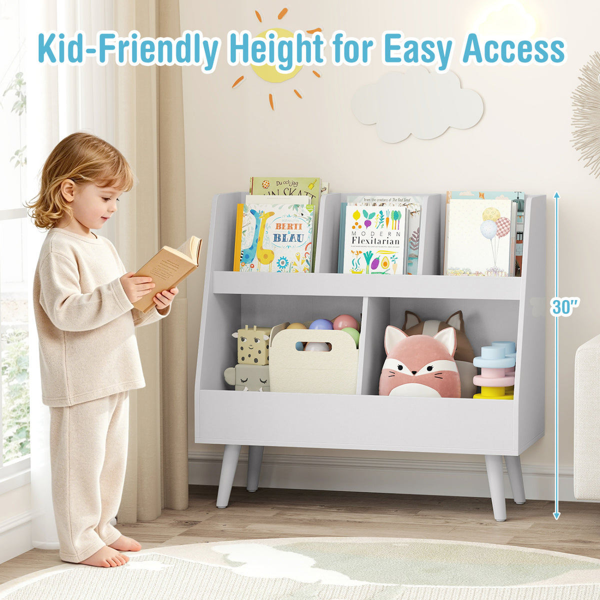 5-Cube Kids Bookshelf and Toy Organizer with Anti-Tipping Kits-Light Gray view 6