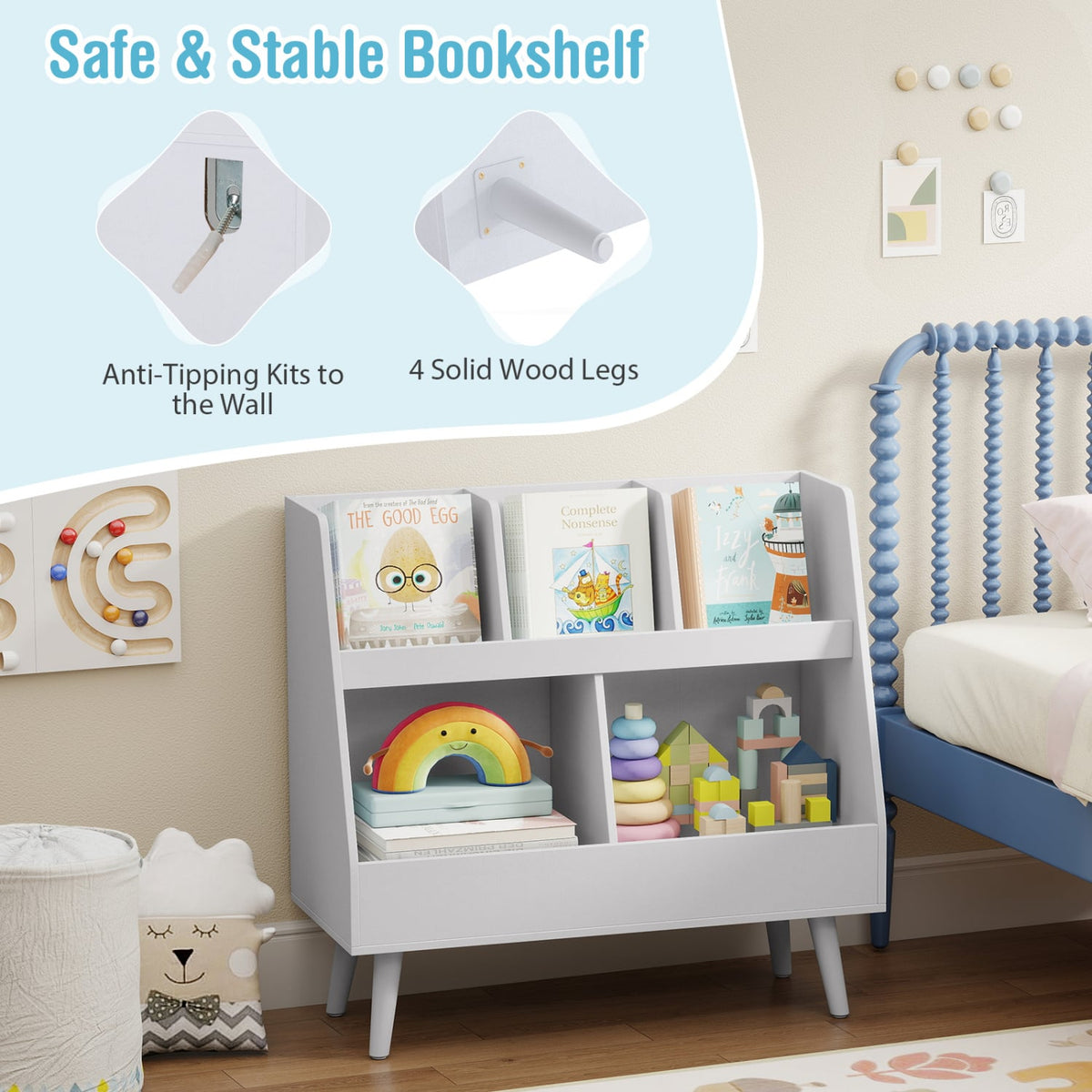 5-Cube Kids Bookshelf and Toy Organizer with Anti-Tipping Kits-Light Gray view 8