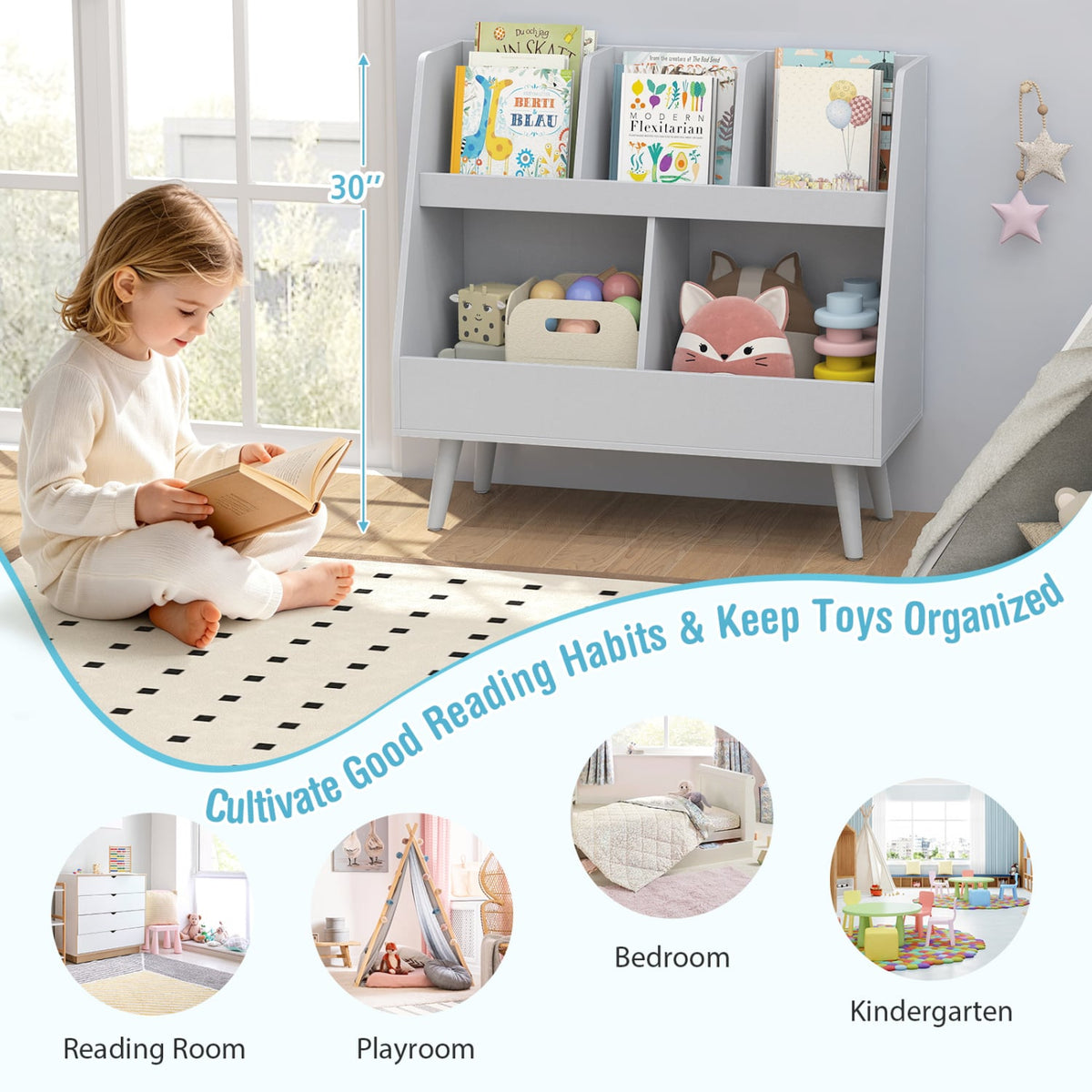 5-Cube Kids Bookshelf and Toy Organizer with Anti-Tipping Kits-Light Gray view 9