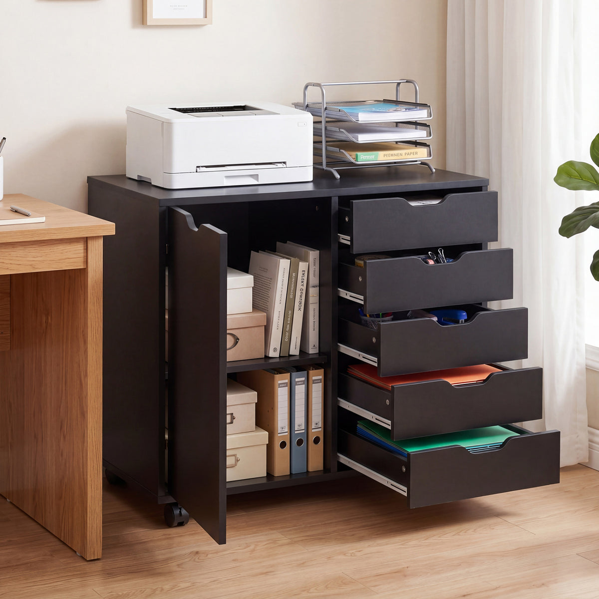5 Drawer Storage Cabinet on Wheels with Adjustable Shelf-Black view 3