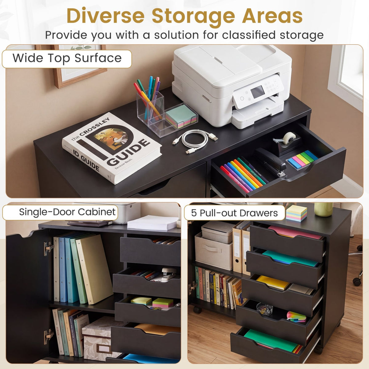 5 Drawer Storage Cabinet on Wheels with Adjustable Shelf-Black view 5