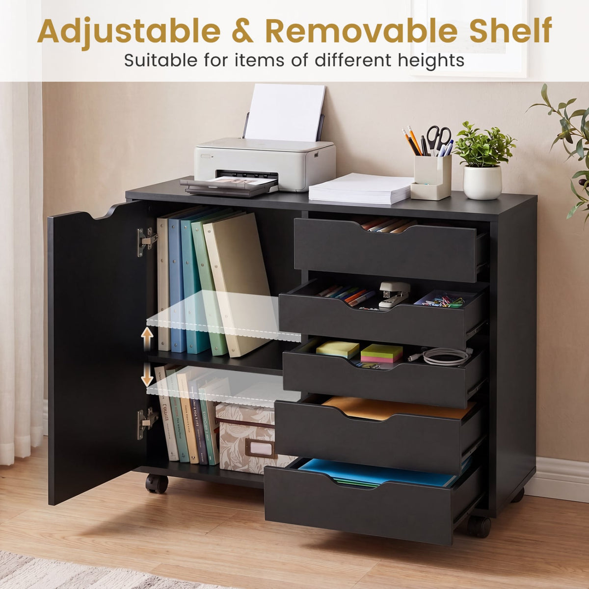 5 Drawer Storage Cabinet on Wheels with Adjustable Shelf-Black view 6