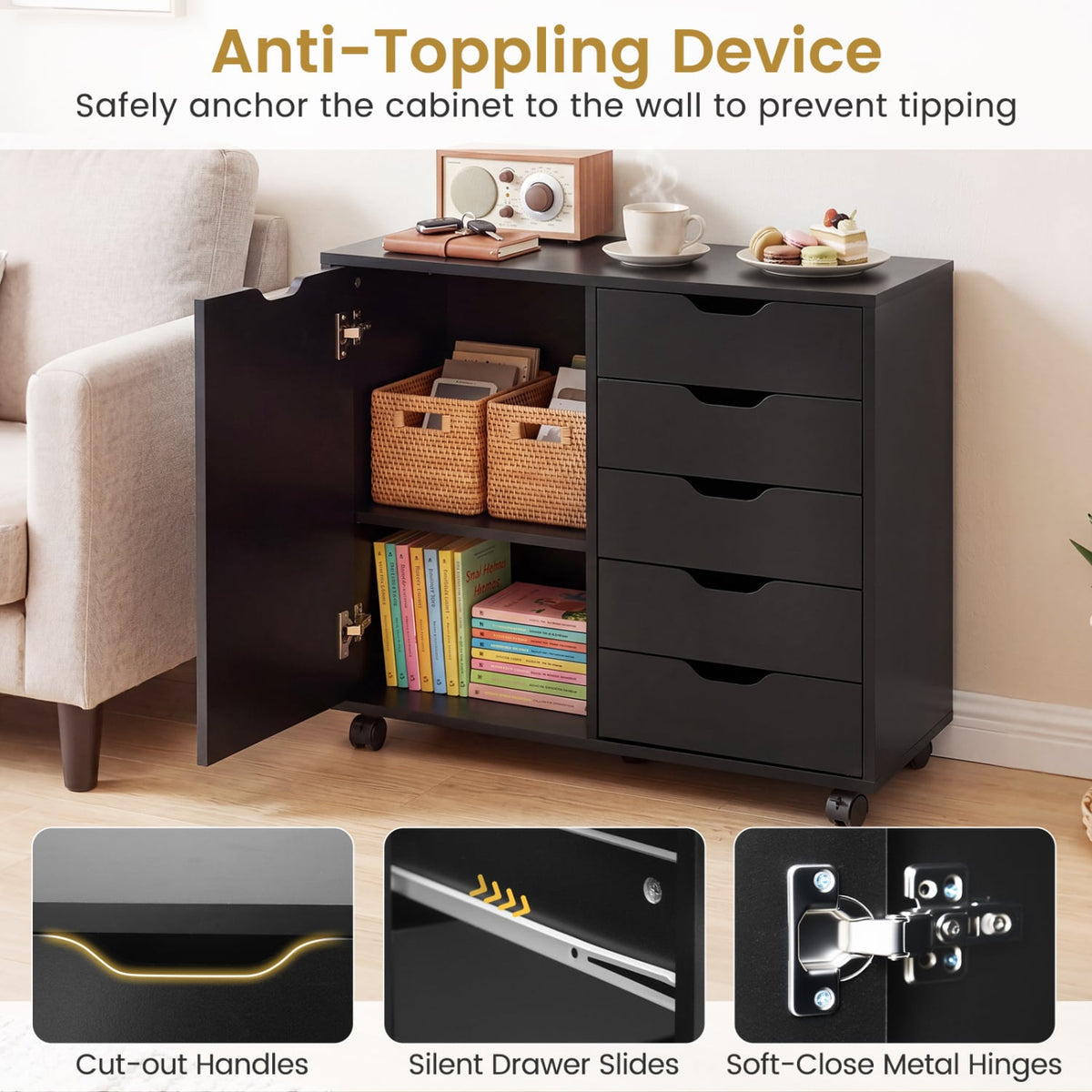5 Drawer Storage Cabinet on Wheels with Adjustable Shelf-Black view 9