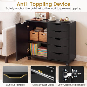 5 Drawer Storage Cabinet on Wheels with Adjustable Shelf-Black view 9