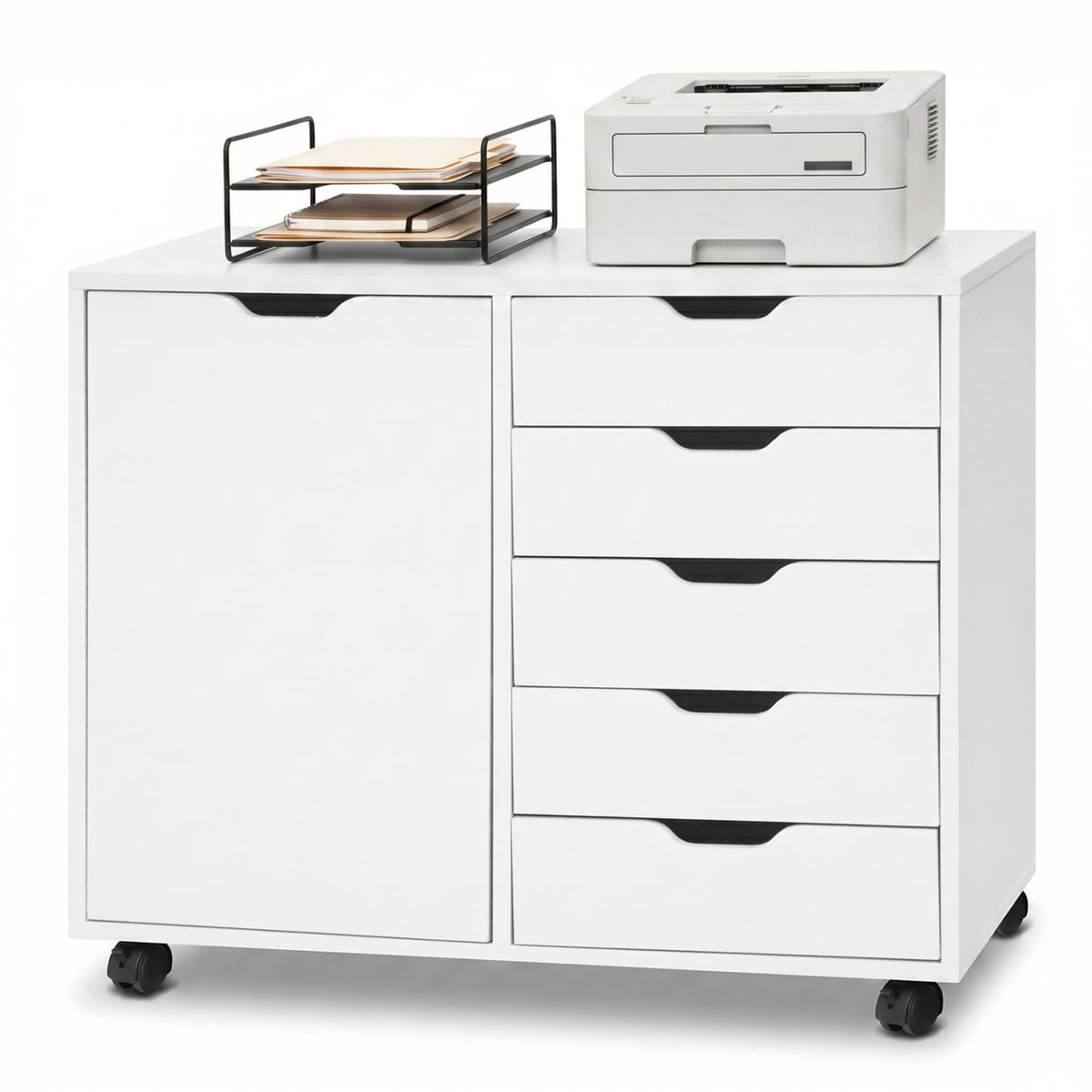 5 Drawer Storage Cabinet on Wheels with Adjustable Shelf-White