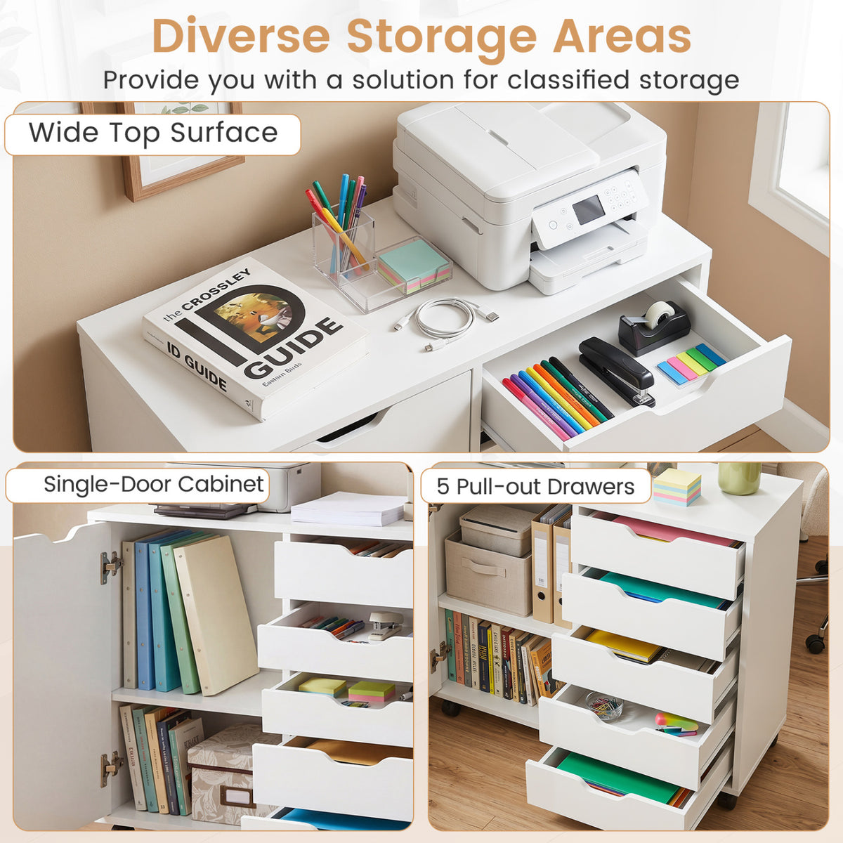 5 Drawer Storage Cabinet on Wheels with Adjustable Shelf-White view 6