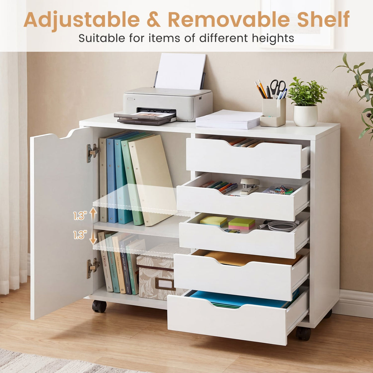 5 Drawer Storage Cabinet on Wheels with Adjustable Shelf-White view 7