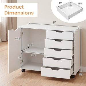 5 Drawer Storage Cabinet on Wheels with Adjustable Shelf-White view 5