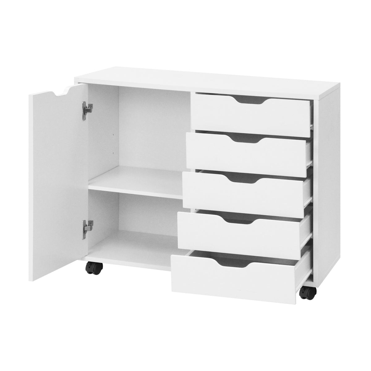 5 Drawer Storage Cabinet on Wheels with Adjustable Shelf-White view 4