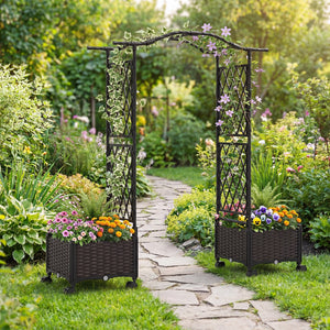 5 FT Tall Raised Garden bed with Lockable Wheels and Hanging Roof for Climbing Flowers-Brown view 2