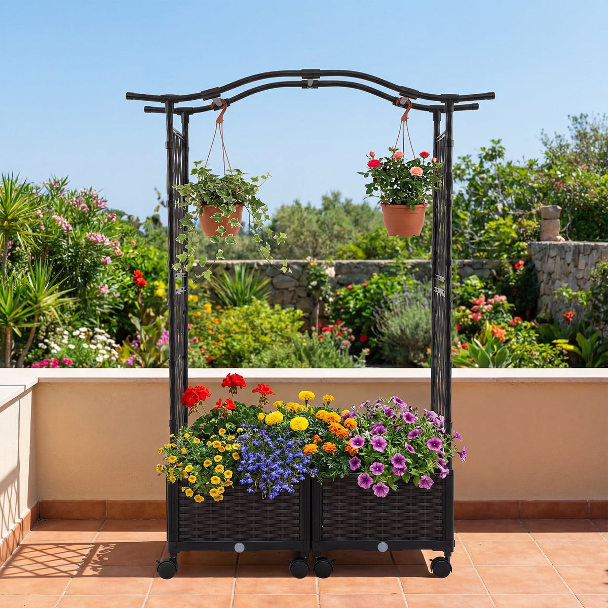 5 FT Tall Raised Garden bed with Lockable Wheels and Hanging Roof for Climbing Flowers-Brown view 3