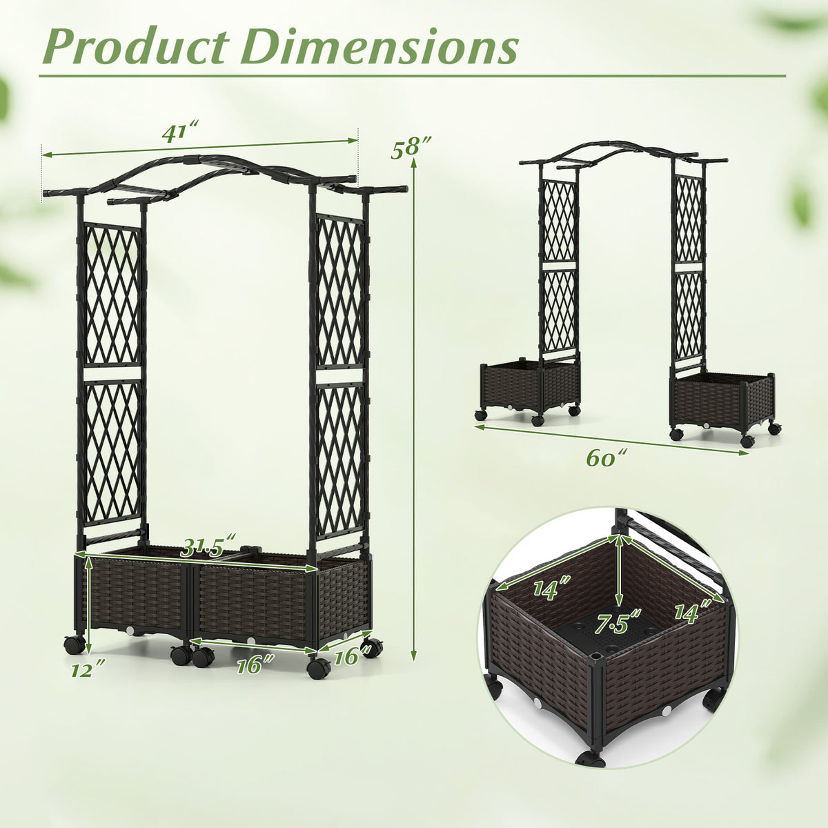 5 FT Tall Raised Garden bed with Lockable Wheels and Hanging Roof for Climbing Flowers-Brown view 4