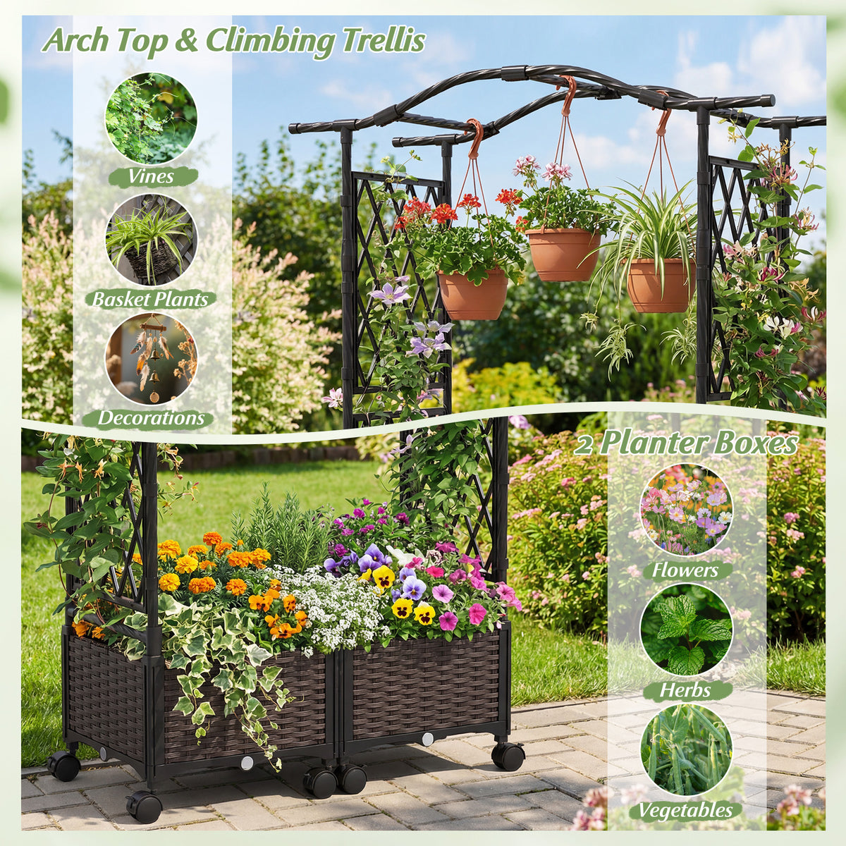 5 FT Tall Raised Garden bed with Lockable Wheels and Hanging Roof for Climbing Flowers-Brown view 5