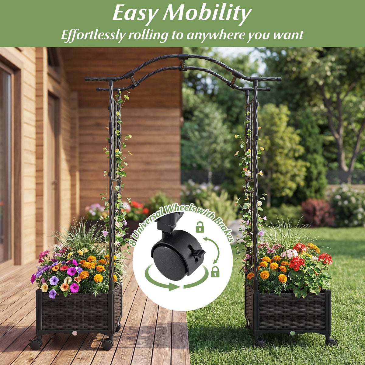 5 FT Tall Raised Garden bed with Lockable Wheels and Hanging Roof for Climbing Flowers-Brown view 7