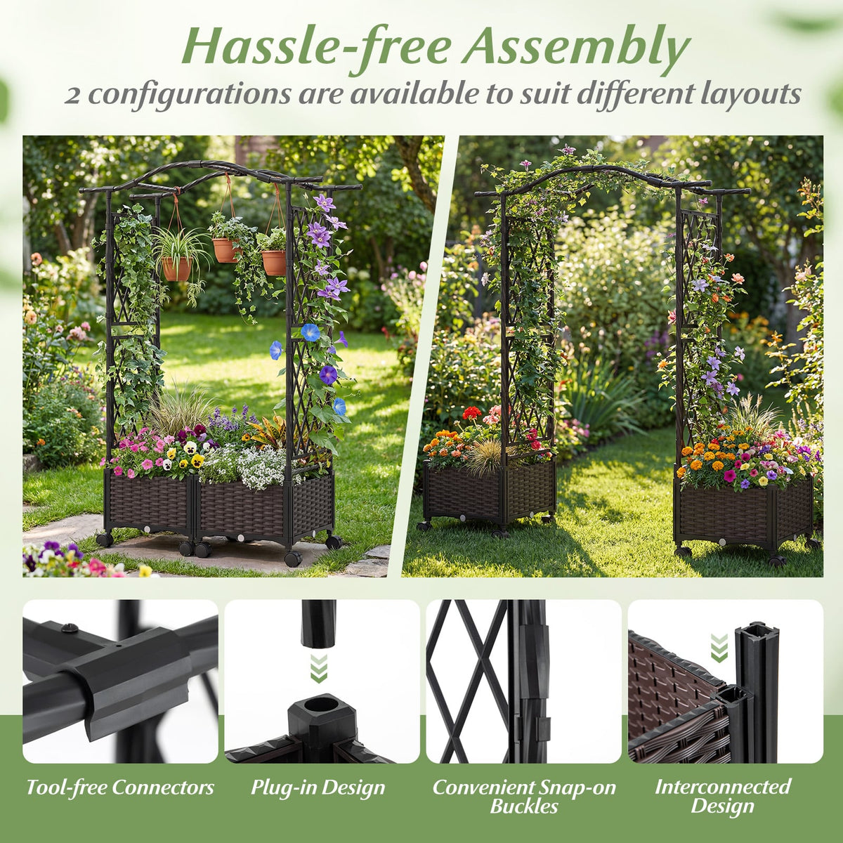5 FT Tall Raised Garden bed with Lockable Wheels and Hanging Roof for Climbing Flowers-Brown view 9
