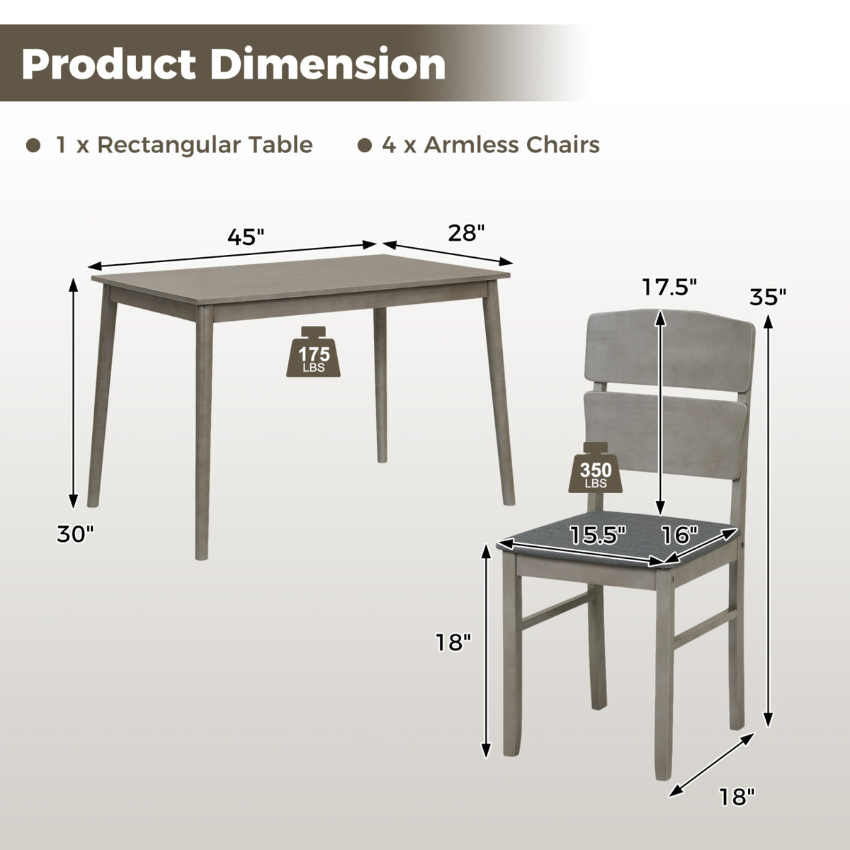 5-Piece Dining Table Set with High Curved Back for 4 People-Gray view 4