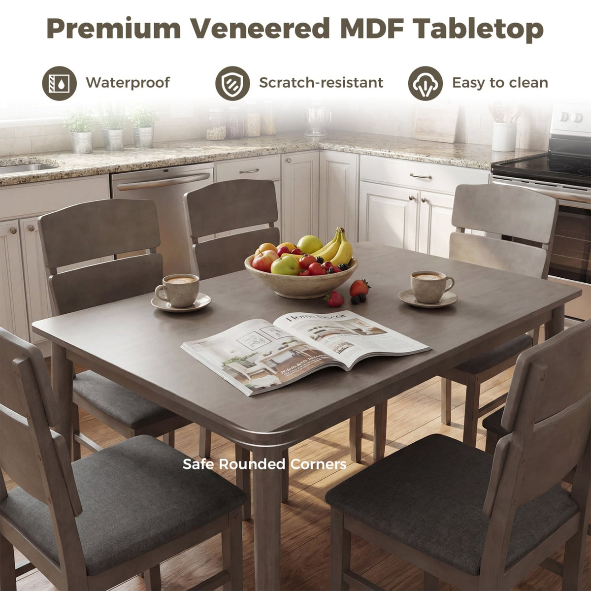 5-Piece Dining Table Set with High Curved Back for 4 People-Gray view 9